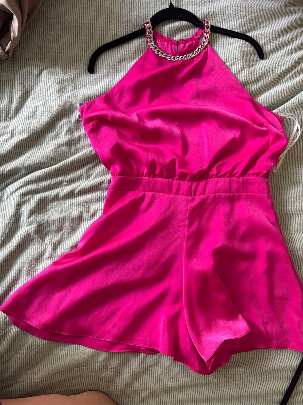 Lulu's Vibrant Hot Pink Halter Romper with Chain Neckline